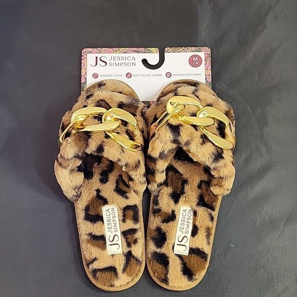 NEW JESSICA SIMPSON WOMEN'S FAUX FUR CHAIN LINK EMBELLISHED SLIDE SLIPPERS - Picture 6 of 12
